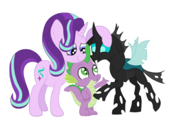 Size: 2592x1936 | Tagged: safe, artist:squipycheetah, spike, starlight glimmer, thorax, changeling, dragon, pony, unicorn, g4, the times they are a changeling, cute, fangs, female, floppy ears, forgiveness, friendshipping, glimmerbetes, happy, hug, looking down, looking up, male, mare, raised hoof, simple background, smiling, spikelove, standing, thorabetes, transparent background, trio, vector