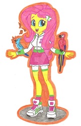 Size: 1024x1586 | Tagged: dead source, safe, artist:metaldudepl666, fluttershy, bird, parrot, equestria girls, g4, alternate clothes, clothes, compression shorts, cute, hoodie, open mouth, shoes, shorts, singing, skirt, smiling, sneakers, socks