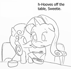 Size: 477x464 | Tagged: safe, anonymous artist, artist:php162, rarity, sweetie belle, pony, unicorn, g4, behaving like a dog, cereal, cute, diasweetes, female, food, grayscale, horses doing horse things, kissing, licking, lineart, mare, monochrome, rarity is a marshmallow, tongue out