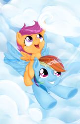 Size: 880x1360 | Tagged: safe, artist:omgproductions, rainbow dash, scootaloo, pegasus, pony, g4, cloud, flying, obtrusive watermark, ponies riding ponies, riding, scootaloo riding rainbow dash, scootalove, watermark