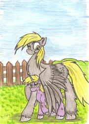 Size: 1573x2178 | Tagged: safe, artist:zubias, derpy hooves, dinky hooves, pegasus, pony, g4, chest fluff, equestria's best mother, female, fence, mare, traditional art, unshorn fetlocks