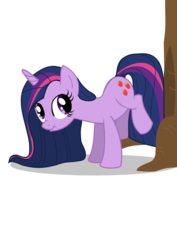 Size: 744x1052 | Tagged: safe, artist:melodialglitz, twilight sparkle, g4, alternate hairstyle, applebucking, female, scrunchy face, solo, swapped cutie marks, tree