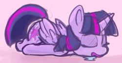 Size: 960x494 | Tagged: safe, artist:lilfunkman, twilight sparkle, alicorn, pony, g4, drool, eyes closed, female, open mouth, pink background, prone, simple background, sleeping, solo, twilight sparkle (alicorn)