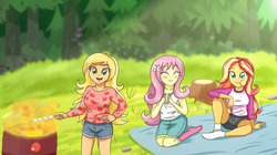 Size: 5905x3316 | Tagged: safe, artist:sumin6301, applejack, fluttershy, sunset shimmer, equestria girls, g4, my little pony equestria girls: legend of everfree, absurd resolution, barbeque, breasts, camp everfree outfits, camp fashion show outfit, clothes, cute, denim skirt, eating, eyes closed, female, food, grill, kneeling, marshmallow, missing shoes, open mouth, s'mores, shorts, sitting, skirt, socks, stick