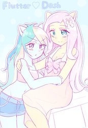 Size: 548x793 | Tagged: safe, artist:nemucure, fluttershy, rainbow dash, human, g4, belly button, breasts, cleavage, clothes, dress, female, humanized, lesbian, midriff, panties, pink underwear, ship:flutterdash, shipping, shorts, sports bra, underwear