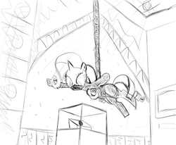 Size: 1700x1400 | Tagged: safe, artist:supermeatbrony, rarity, g4, bodysuit, female, mission impossible, monochrome, solo, suspended
