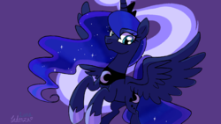 Size: 1280x720 | Tagged: safe, artist:leone di cielo, artist:pepooni, edit, princess luna, g4, female, magic, purple background, simple background, smiling, solo