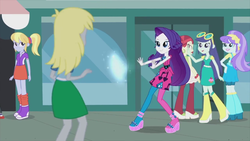 Size: 1280x720 | Tagged: safe, screencap, aqua blossom, blueberry cake, cloudy kicks, derpy hooves, rarity, rose heart, equestria girls, g4, life is a runway, my little pony equestria girls: rainbow rocks, background human