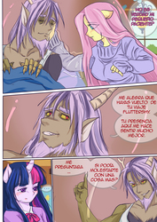 Size: 2480x3508 | Tagged: safe, artist:kyotoxart, discord, fluttershy, twilight sparkle, human, g4, clothes, comic, health bubble, high res, humanized, male, ship:discoshy, shipping, sick, spanish, straight, sweater, sweatershy