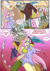 Size: 2480x3508 | Tagged: safe, artist:kyotoxart, discord, fluttershy, human, anthro, g4, clothes, comic, high res, humanized, male, meme, partial nudity, ship:discoshy, shipping, spanish, straight, sweater, sweatershy, topless, yaranaika