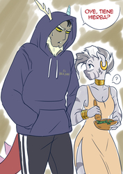 Size: 2480x3508 | Tagged: safe, artist:kyotoxart, discord, zecora, zebra, zebracorn, anthro, g4, clothes, dress, duo, female, herb, high res, hoodie, implied weed, looking at each other, male, mare, pants, question mark, side slit, simple background, spanish, translated in the comments