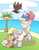 Size: 1484x1920 | Tagged: safe, artist:zanefir-dran, derpy hooves, alolan exeggutor, exeggutor, pegasus, pony, popplio, g4, alolan form, clothes, crossover, female, grin, mare, newbie artist training grounds, pikipek, pokémon, pokémon sun and moon, rockruff, shirt, smiling, water