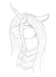 Size: 1700x2339 | Tagged: safe, artist:gearrot, derpibooru exclusive, queen chrysalis, changeling, changeling queen, g4, bust, female, floppy ears, grayscale, hair over one eye, monochrome, portrait, simple background, solo, traditional art, unamused