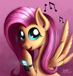 Size: 2000x2080 | Tagged: safe, artist:duskie-06, fluttershy, pegasus, pony, g4, female, headphones, high res, ipod, mp3 player, music notes, smiling, solo