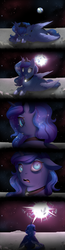 Size: 911x3500 | Tagged: safe, artist:evehly, princess luna, alicorn, pony, g4, colored wings, colored wingtips, comic, context is for the weak, crying, earth shattering kaboom, explosion, female, floppy ears, frown, gritted teeth, looking back, looking up, moon, open mouth, planet, prone, sad, shocked, sitting, solo, sun, wide eyes