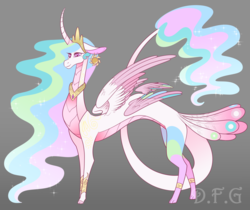 Size: 1280x1073 | Tagged: safe, artist:dragonfoxgirl, princess celestia, draconequus, g4, celestequus, draconequified, female, multiple wings, solo, species swap, tail feathers