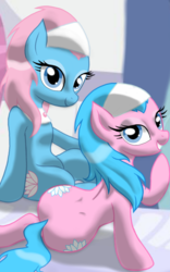 Size: 1200x1920 | Tagged: safe, artist:theroyalprincesses, aloe, lotus blossom, earth pony, pony, g4, both cutie marks, butt, curvy, cute, dimples of venus, duo, female, hips, looking at you, mare, plot, sitting, smiling, spa twins, sultry pose