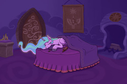 Size: 1000x658 | Tagged: safe, artist:sensko, princess celestia, g4, bed, bedroom, cute, dark, eyes closed, female, prone, sleeping, smiling, solo, unshorn fetlocks