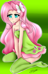 Size: 1183x1791 | Tagged: safe, artist:bubblesfun123, fluttershy, human, g4, clothes, dress, female, humanized, kneeling, missing shoes, solo, stockings