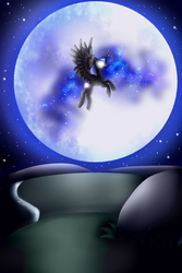 Size: 1200x1800 | Tagged: safe, artist:kikousekcz, princess luna, alicorn, pony, g4, female, flying, galaxy mane, glowing eyes, moon, night, solo