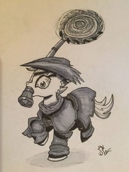 Size: 800x1065 | Tagged: safe, artist:sensko, scootaloo, g4, bloodborne, clothes, hunter, pencil drawing, traditional art, whirligig saw