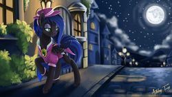 Size: 1024x576 | Tagged: safe, artist:arctic-fox, oc, oc only, oc:rayne feather, clothes, dress, hat, mare in the moon, moon, night, solo