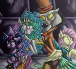 Size: 1000x900 | Tagged: safe, artist:notaguitarfret, discord, fluttershy, princess celestia, twilight sparkle, alicorn, pony, g4, make new friends but keep discord, aftermath, angry, grand galloping gala, grumpy, grumpy twilight, male, overprotective, ship:dislestia, shipping, straight, twilight sparkle (alicorn), upset