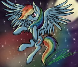 Size: 961x831 | Tagged: safe, artist:hahvulon, rainbow dash, g4, female, flying, moon, signature, sky, solo, stars