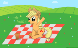 Size: 1920x1200 | Tagged: safe, artist:kraget, applejack, g4, dialogue, implied apple bloom, offscreen character, open mouth, picnic blanket, solo focus