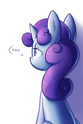 Size: 912x1348 | Tagged: safe, artist:spikedmauler, sweetie belle, pony, unicorn, g4, ..., looking away, sad, simple background, solo, stare, thinking