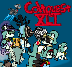 Size: 640x600 | Tagged: safe, alternate version, artist:ficficponyfic, oc, oc only, oc:emerald jewel, cyborg, earth pony, pony, undead, zombie, zony, colt quest, adult, alternate timeline, alternate universe, amulet, armor, blank flank, book, child, clothes, color, colt, cute, cyoa, drool, ear piercing, eyepatch, eyes closed, fire, flying, foal, future, hat, jet, jewelry, key, keychain, logo, machine, magic, male, mask, messy mane, necklace, piercing, portal, possible spoilers, prancing, recap, robe, staff, stallion, steam, sword, title, title card, trotting, weapon