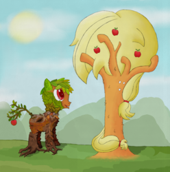 Size: 2632x2648 | Tagged: safe, artist:ultrathehedgetoaster, applejack, bloomberg, dryad, plant pony, g4, apple tree, high res, role reversal, tree, treejack, wat