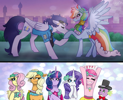 Size: 2221x1800 | Tagged: safe, artist:monnarcha, applejack, fluttershy, pinkie pie, rainbow dash, rarity, soarin', spike, twilight sparkle, dragon, earth pony, pegasus, pony, unicorn, a canterlot wedding, g4, 30 day otp challenge, applejack the anti-shipper, blushing, bridesmaid dress, clothes, dress, female, fluttershipper, gala dress, hair over one eye, hat, hoof kissing, male, mane six, necktie, otp, pinkie the shipper, ship:soarindash, shipper on deck, shipperity, shipping, sign, signature, starry eyes, straight, suit, top hat, wingding eyes