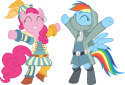 Size: 12645x8583 | Tagged: dead source, safe, artist:pink1ejack, pinkie pie, rainbow dash, earth pony, pegasus, pony, dungeons and discords, g4, absurd resolution, bard, bard pie, bipedal, clothes, duo, eyes closed, fantasy class, happy, rainbow rogue, rogue, roleplaying, simple background, transparent background, vector