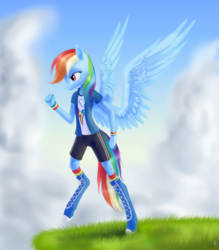 Size: 1024x1170 | Tagged: safe, artist:draknairy, rainbow dash, anthro, unguligrade anthro, g4, boots, clothes, cute, equestria girls outfit, female, grass, shorts, solo, wings
