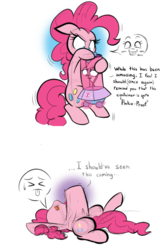 Size: 1280x1900 | Tagged: safe, artist:bellspurgebells, pinkie pie, twilight sparkle, earth pony, pony, g4, 2 panel comic, belly, brain, brain in a jar, brainy twilight, comic, container, dialogue, eaten alive, female, mare, on back, pinkie being pinkie, pinkie pred, tongue out, vore, wat