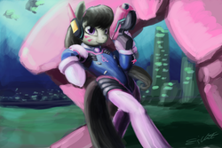 Size: 1024x683 | Tagged: safe, artist:eddywardster, octavia melody, pony, g4, bipedal, crossover, d.va, female, gun, handgun, looking at you, mech, overwatch, pistol, solo, whisker markings
