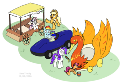 Size: 1043x720 | Tagged: safe, artist:haretrinity, apple bloom, applejack, rainbow dash, rarity, scootaloo, sweetie belle, g4, the cart before the ponies, cutie mark crusaders