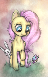 Size: 1200x1900 | Tagged: safe, artist:izudraws, angel bunny, fluttershy, butterfly, g4, looking at something, raised hoof