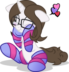 Size: 1534x1602 | Tagged: safe, artist:nxzc88, oc, oc only, oc:pyrisa miracles, pony, unicorn, blushing, chest fluff, clothes, cute, eyes closed, glasses, heart, scrunchy face, simple background, sitting, socks, solo, squishy cheeks, striped socks, transparent background
