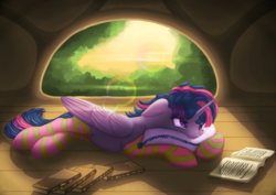 Size: 1024x724 | Tagged: safe, artist:crystallinepone, twilight sparkle, alicorn, pony, g4, book, clothes, female, floppy ears, lens flare, messy mane, morning ponies, pillow, prone, socks, solo, striped socks, sunrise, tree, twilight sparkle (alicorn)