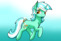 Size: 960x640 | Tagged: safe, artist:crystallinepone, lyra heartstrings, g4, bracelet, female, gradient background, hairpin, jewelry, smiling, solo, trotting