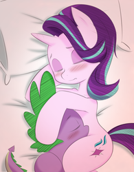 Size: 921x1181 | Tagged: safe, artist:figgot, edit, spike, starlight glimmer, dragon, pony, g4, bed, colored, cuddling, cute, duo, eyes closed, female, love, male, mare, misleading thumbnail, not porn, not what it looks like, pillow, ship:sparlight, shipping, sleeping, snuggling, straight