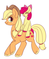 Size: 544x659 | Tagged: safe, artist:lulubell, apple bloom, applejack, g4, adorabloom, apple bloom riding applejack, cute, eyes closed, open mouth, ponies riding ponies, riding, simple background, sisters, transparent background, younger