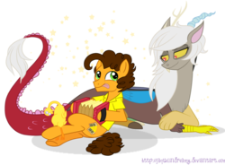 Size: 1041x767 | Tagged: safe, artist:jaquelindreamz, boneless, cheese sandwich, discord, draconequus, earth pony, pony, g4, accordion, crack shipping, eris, female, half r63 shipping, interspecies, male, musical instrument, rule 63, ship:cheesecord, ship:eriswich, shipping, stallion, straight