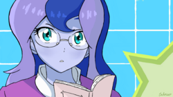 Size: 1280x720 | Tagged: safe, artist:leone di cielo, princess luna, vice principal luna, equestria girls, g4, my little pony equestria girls: friendship games, my little pony equestria girls: rainbow rocks, book, canterlot high, glasses, love, magic, reading, shocked, smiling