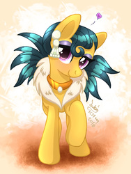Size: 900x1200 | Tagged: safe, artist:joakaha, cleopatra jazz, earth pony, pony, dungeons and discords, g4, blushing, heart, looking at you, raised hoof, signature, solo