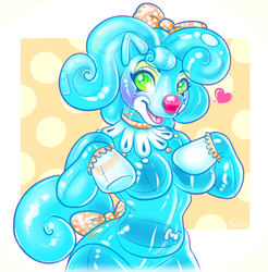 Size: 550x560 | Tagged: safe, artist:penanggalan, oc, oc only, anthro, g3, arm hooves, blushing, breasts, clown, featureless breasts, female, hair bow, heart, inflatable, open mouth, smiling, solo