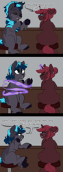 Size: 996x2719 | Tagged: safe, artist:c1nn1m1n1, oc, oc only, oc:ember hex, oc:low tide, deer, pony, unicorn, blushing, comic, didn't think this through, doe, duo, female, magic, male, male to female, pickup lines, rule 63, straight, transformation, transgender transformation