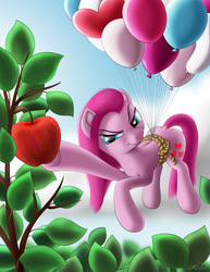 Size: 2400x3111 | Tagged: safe, artist:awalex, pinkie pie, earth pony, pony, g4, magical mystery cure, apple, balloon, cutie mark swap, female, floating, food, high res, pinkamena diane pie, solo, squint, swapped cutie marks, then watch her balloons lift her up to the sky, what my cutie mark is telling me